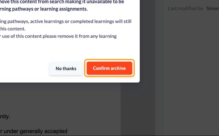 Click on Confirm to archive and remove the content from the Library