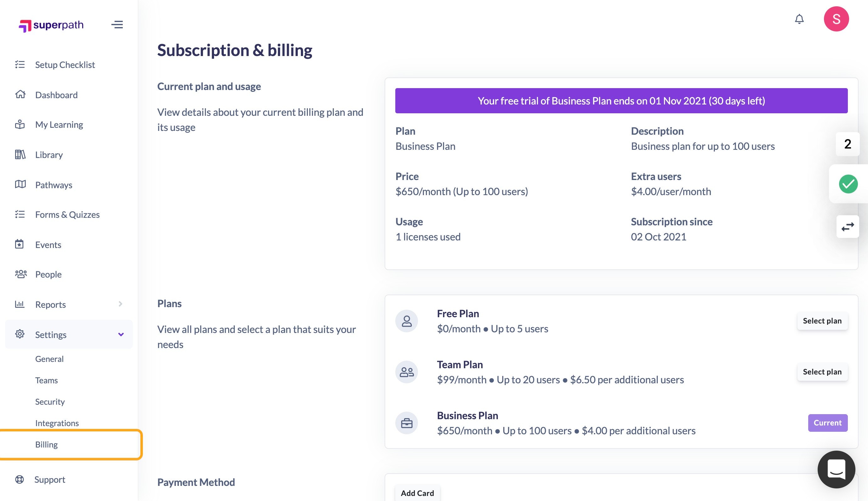 Navigate to Billing under Settings in the left hand menu