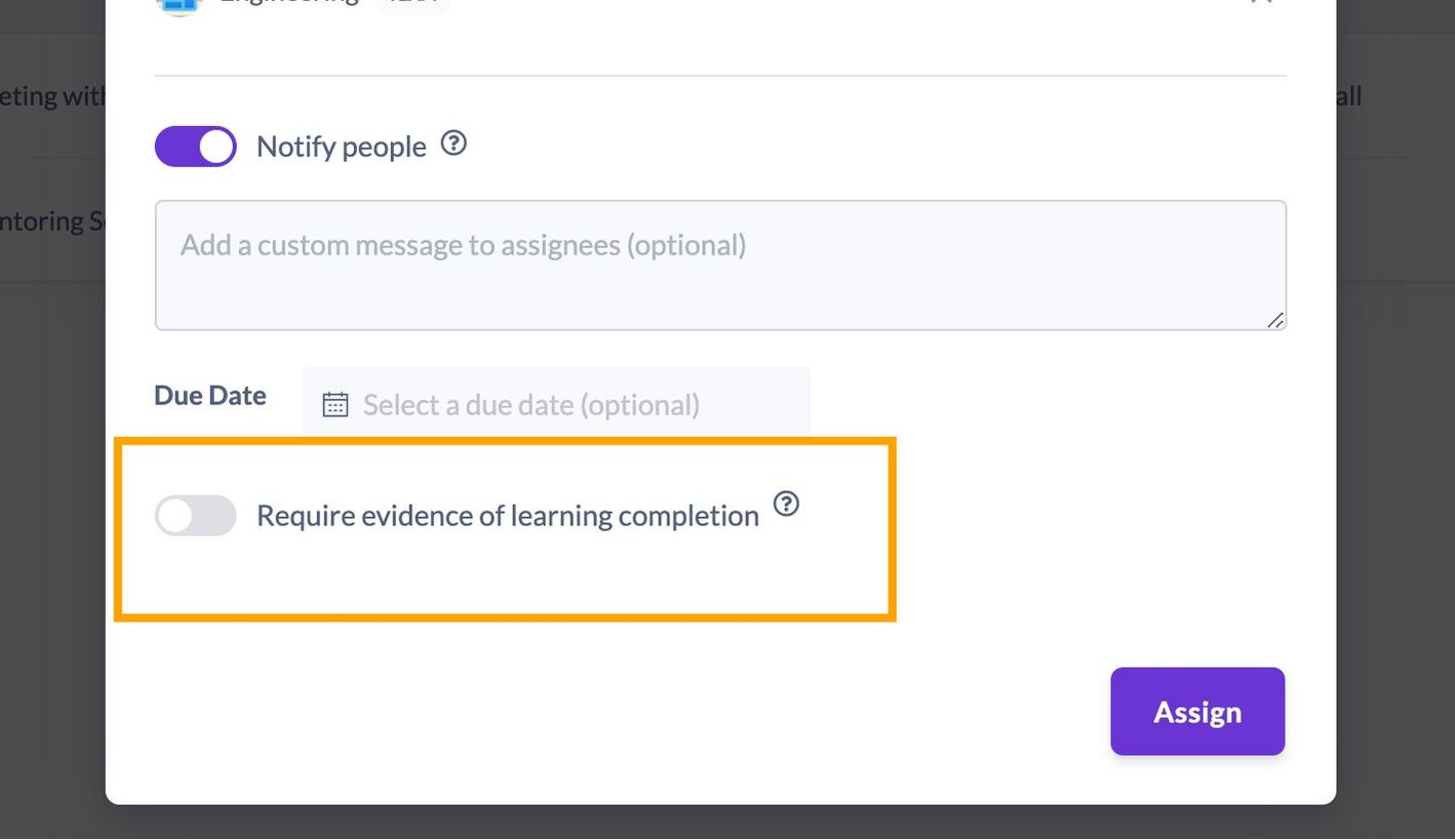 Next setup learning evidence or requirements (optional)