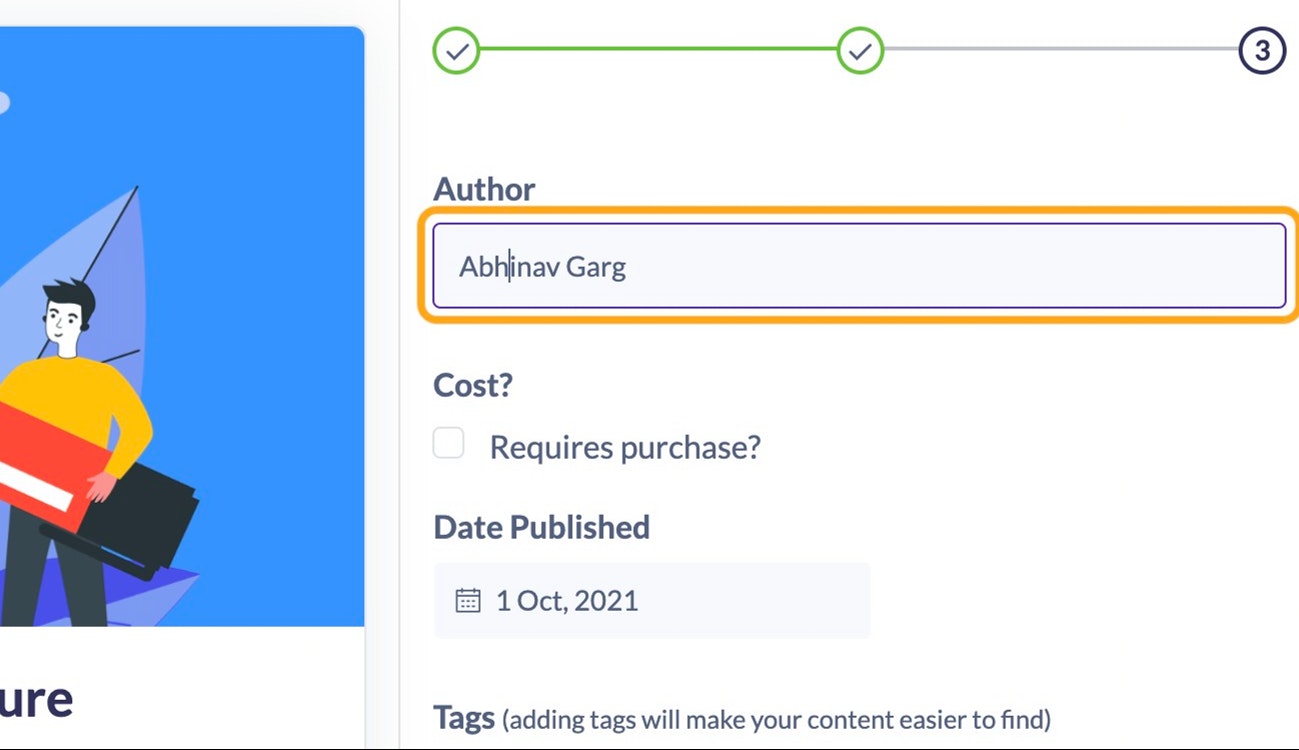 Next, enter the author, cost and date published