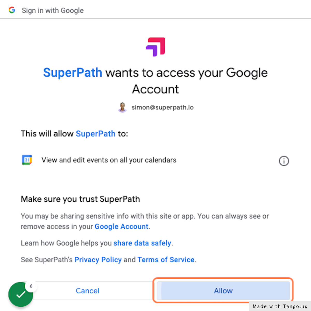 Select the Google account you want to connect and confirm