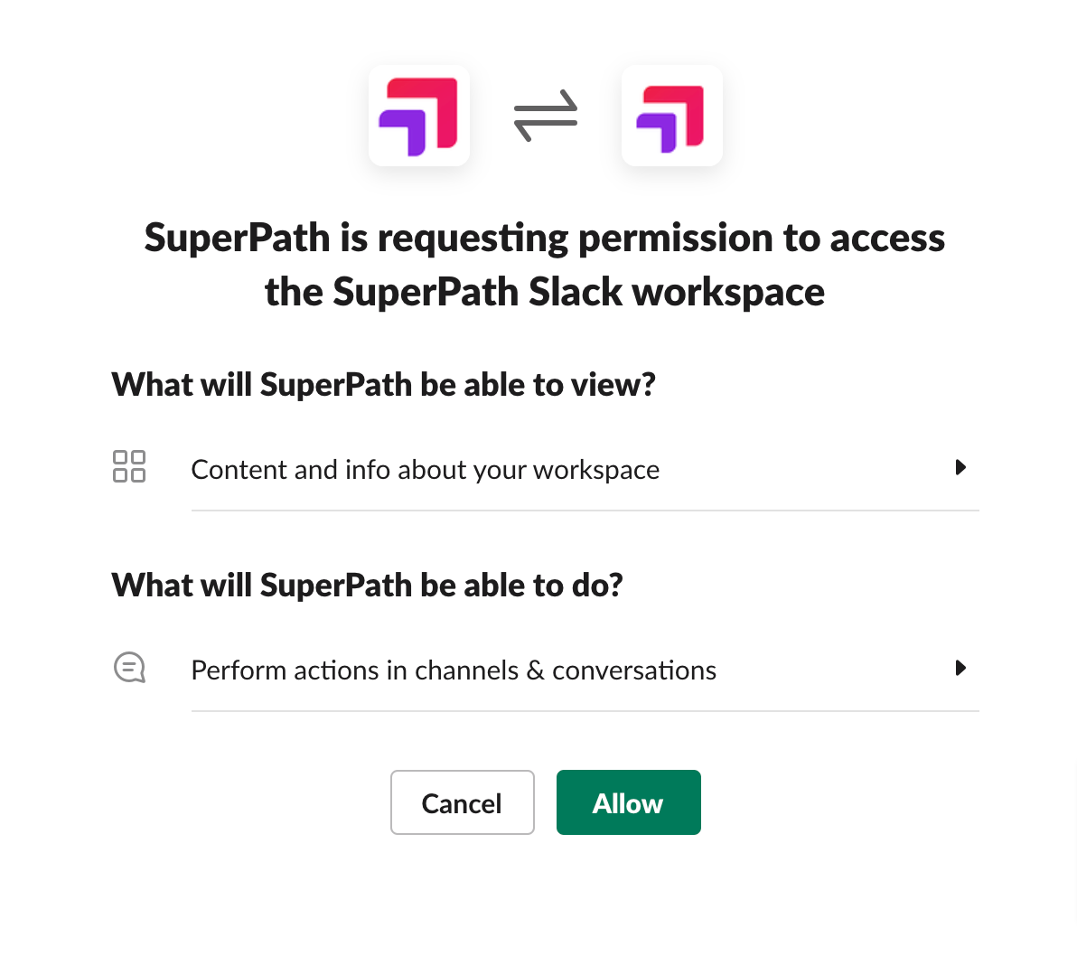 Click allow to authorised SuperPath to communicate with you in Slack