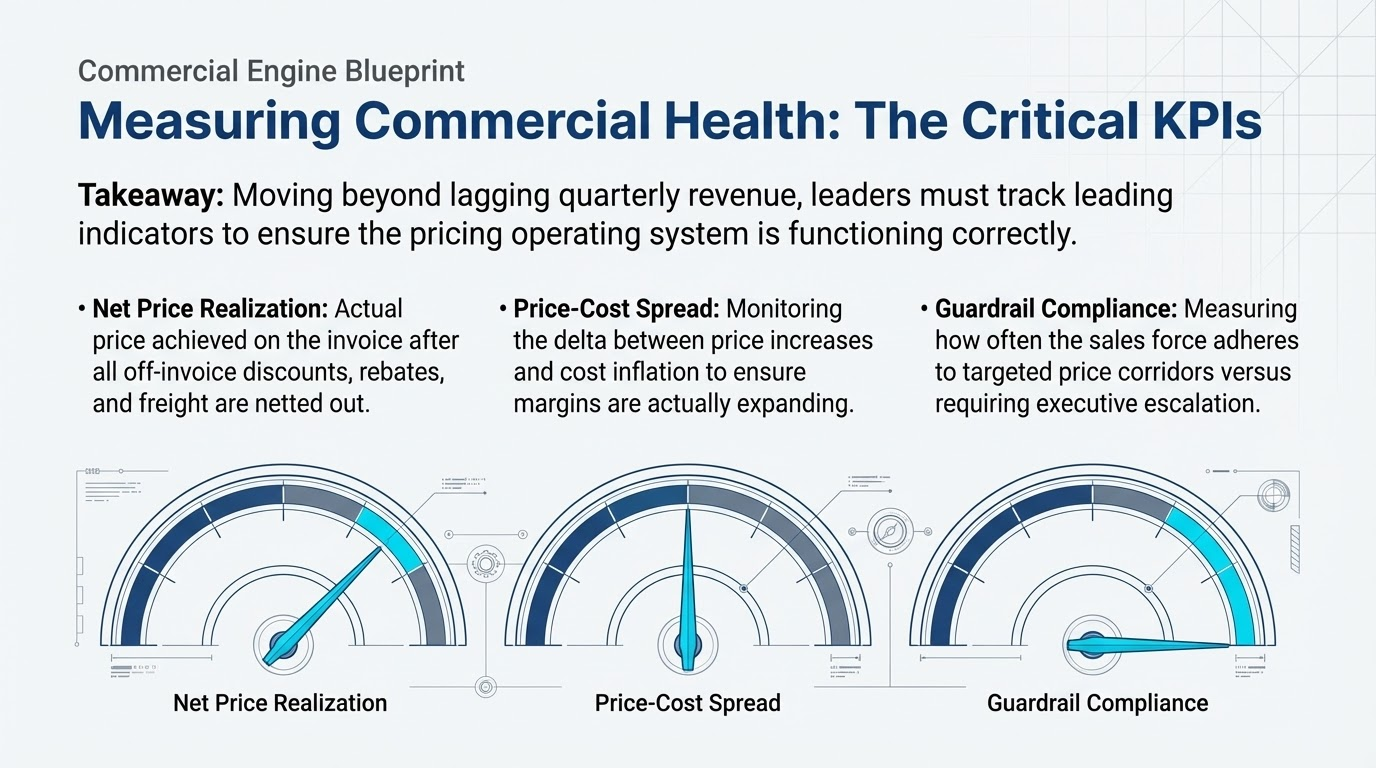 Dashboard dials showing critical B2B pricing KPIs.