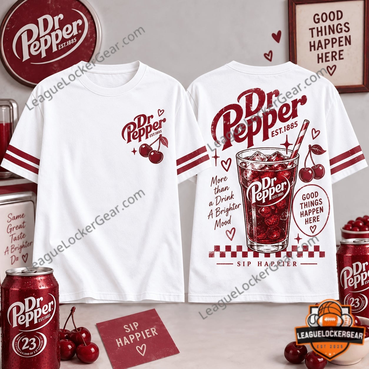 Dr Pepper Sip Happier Retro Diner 3D T-Shirt - front and back views with cherry graphics