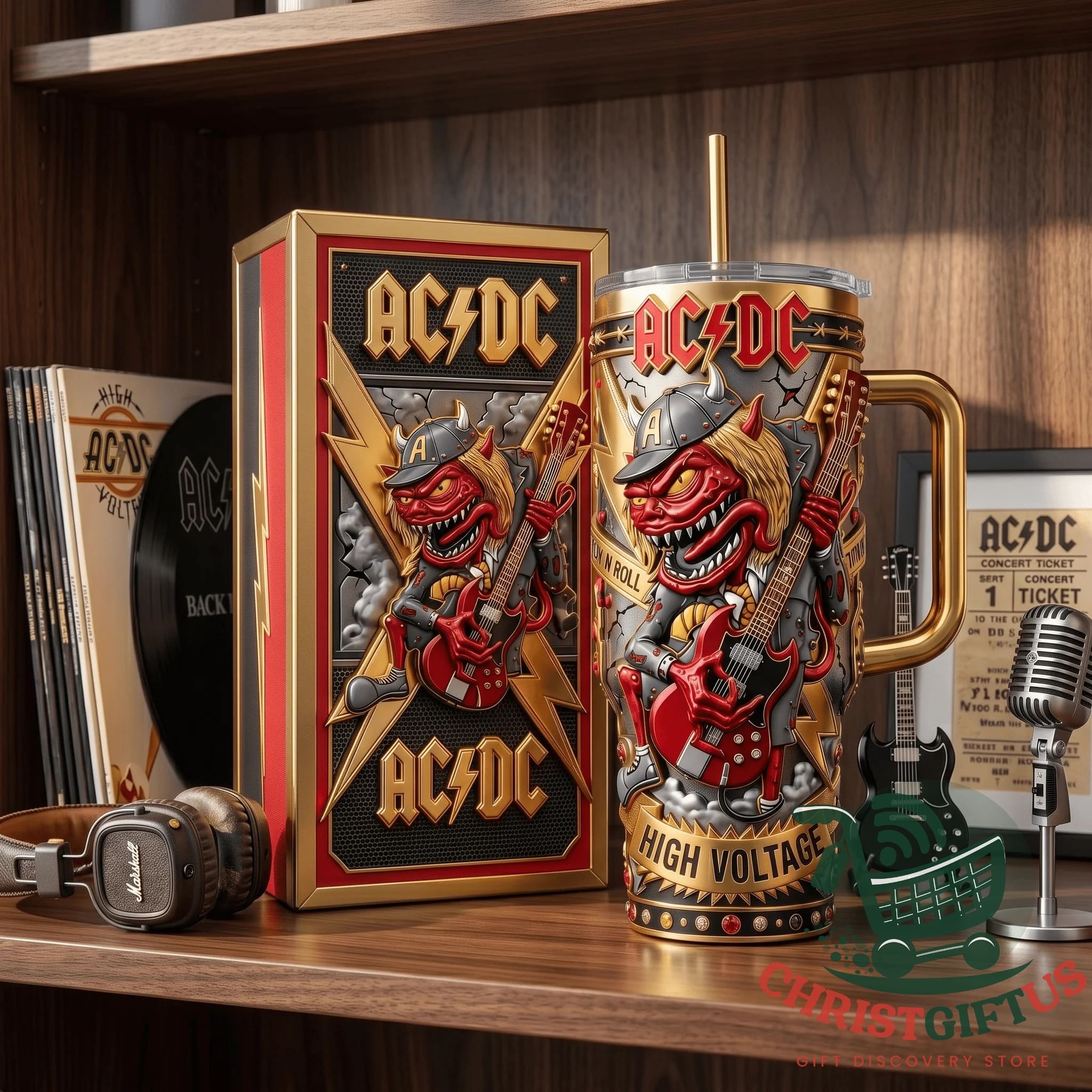 AC/DC High Voltage Demon Guitar Tumbler With Handle - front view with demon guitarist artwork, handle, and