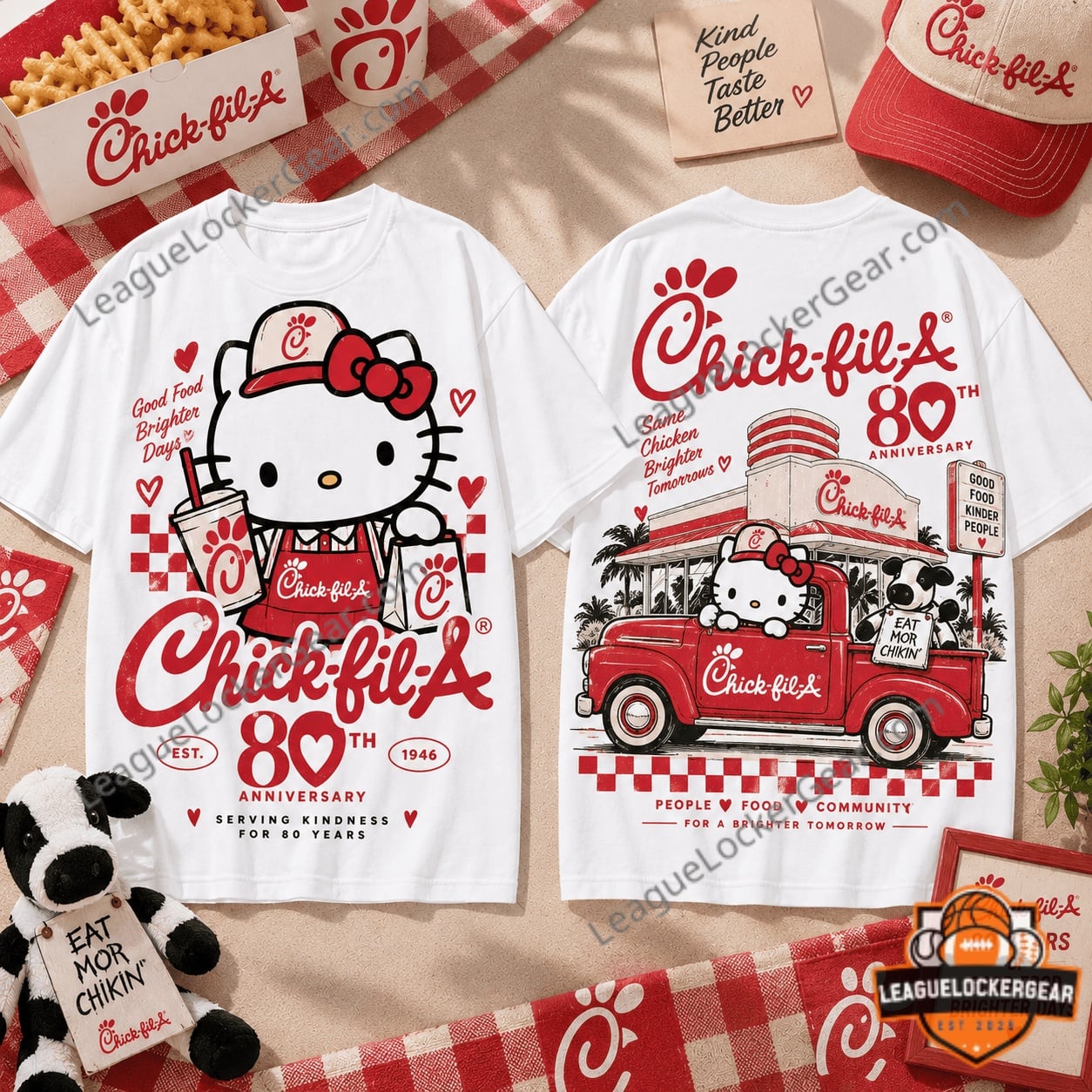 Hello Kitty Chick-fil-A 80th Anniversary 3D T-Shirt showing front and back designs