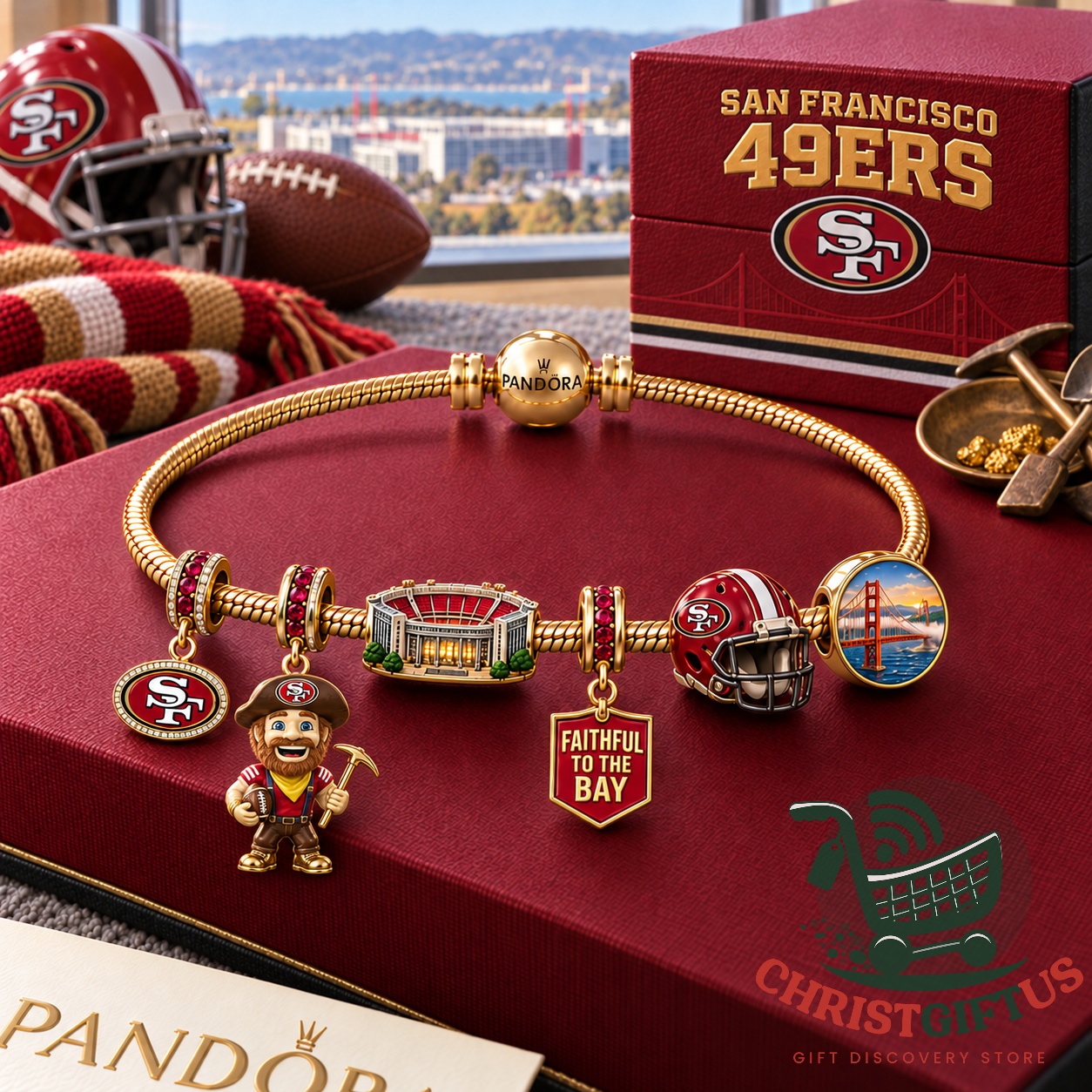 San Francisco 49ers 2026 Charm Bracelet - full bracelet with themed football charms