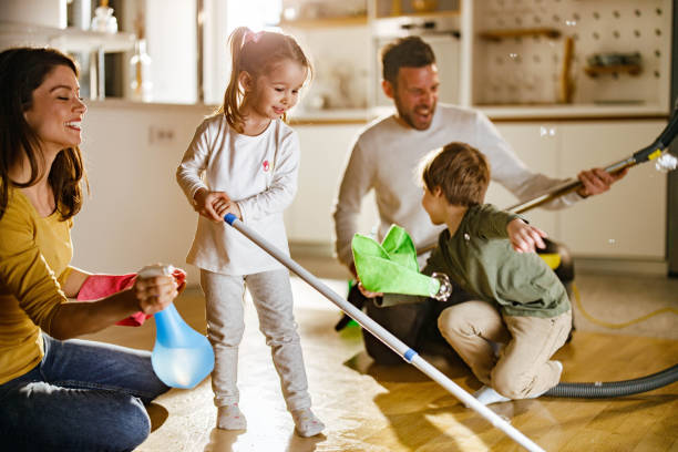 family celebrating together after chores