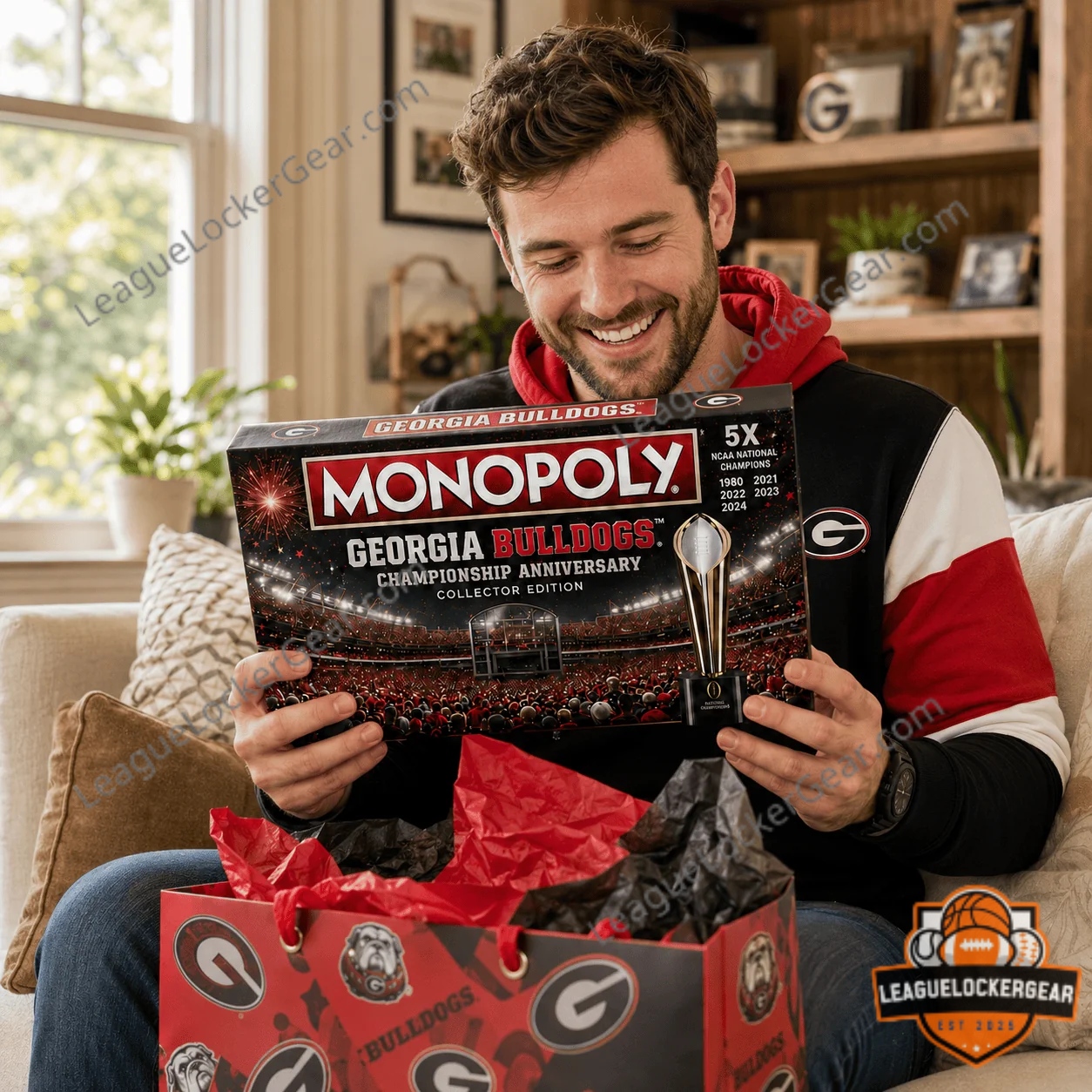 Georgia Bulldogs Monopoly Board Game - close-up of game box and top-left board section