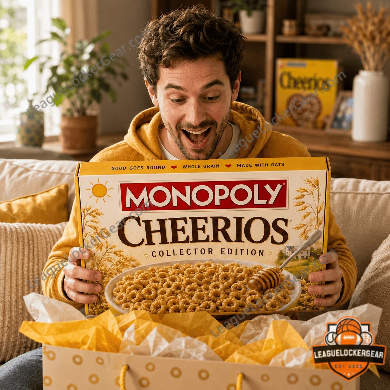 Monopoly Cheerios Monopoly Board Game - close-up of game box, cereal bowl, and Good Choice cards