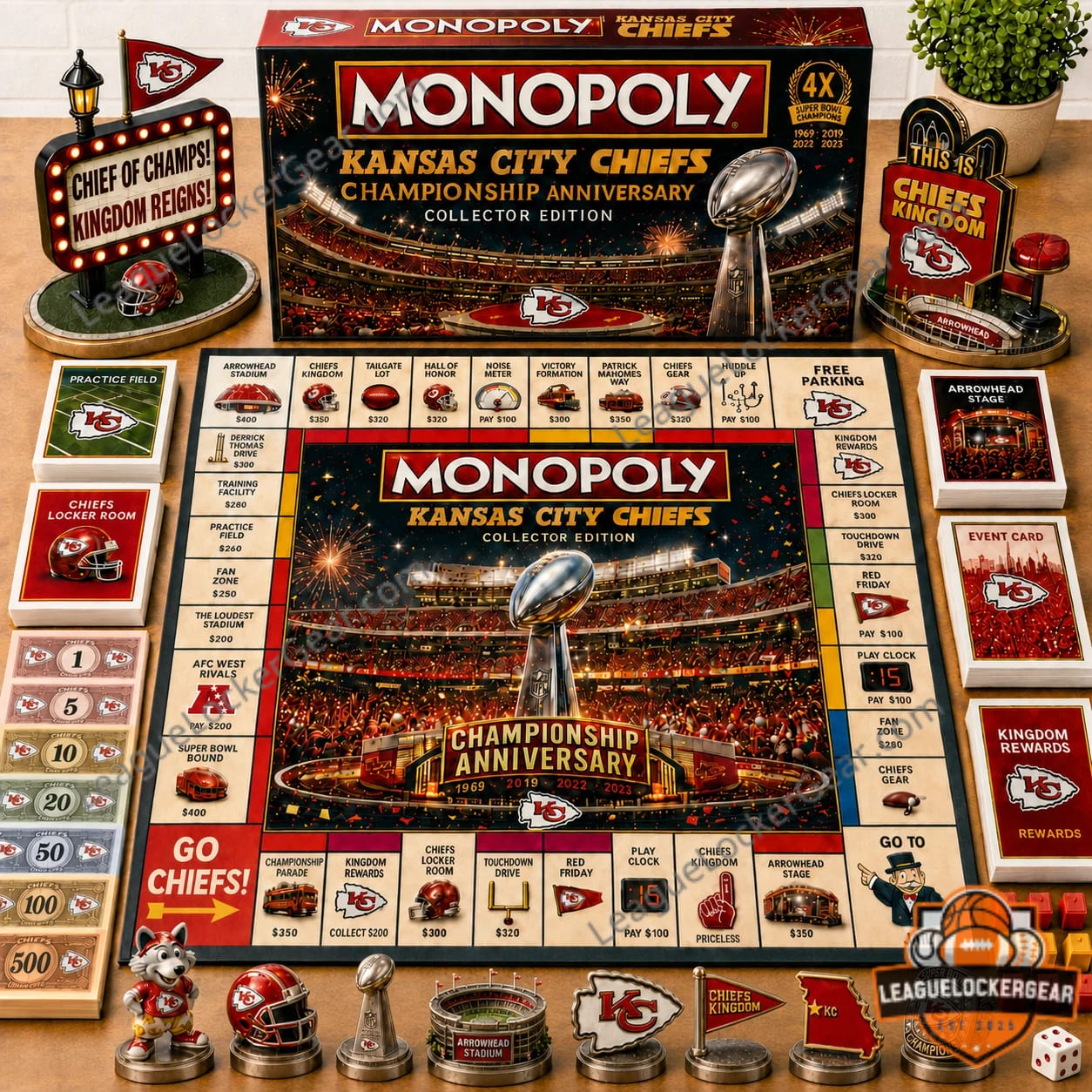 Kansas City Chiefs Championship Anniversary Monopoly Board Game - complete set overhead view