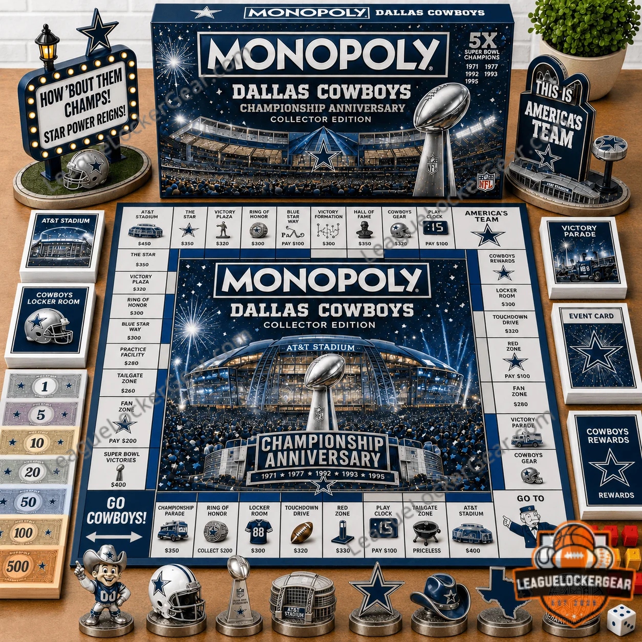 Dallas Cowboys Championship Anniversary Monopoly Board Game - full view with game pieces and box
