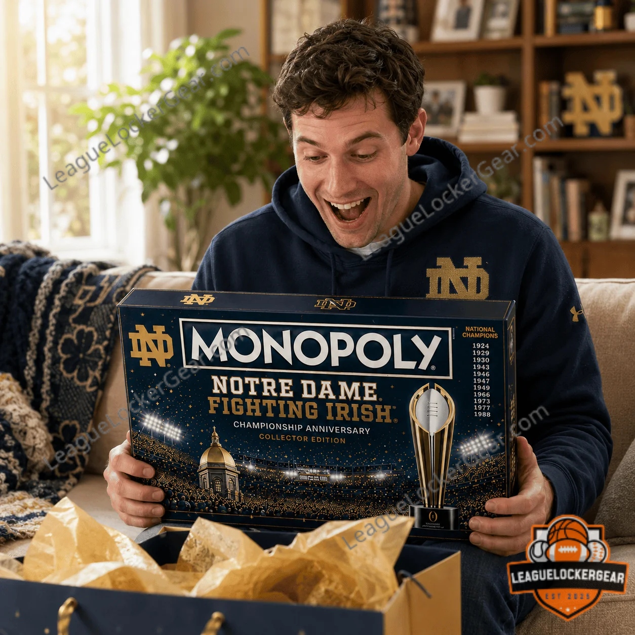 Notre Dame Fighting Irish Monopoly Board Game - box and game cards close-up