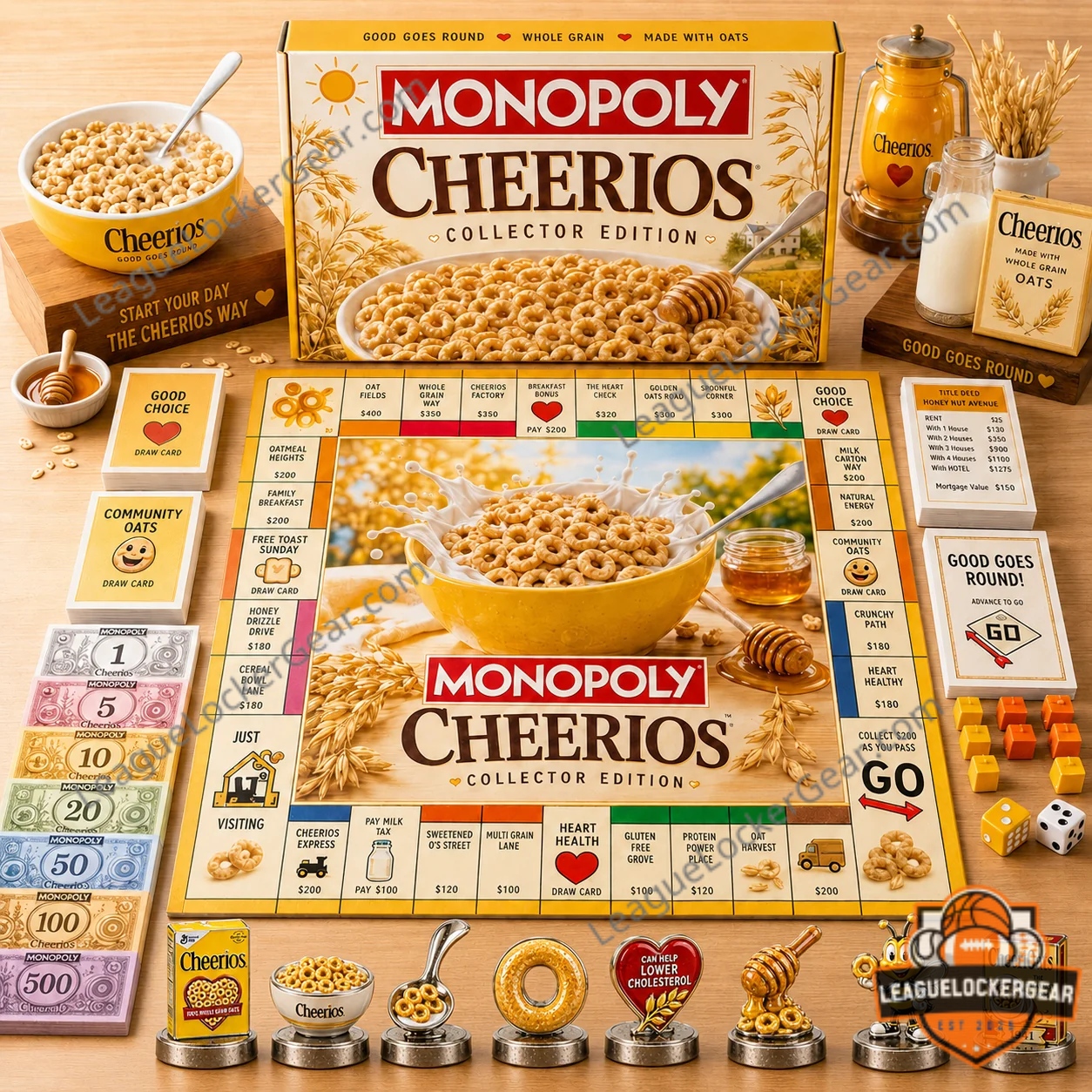 Monopoly Cheerios Monopoly Board Game - full overhead view with game pieces and cards