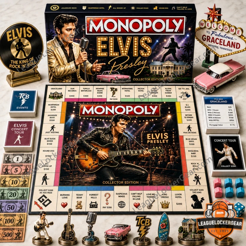 Elvis Presley Collector Edition Monopoly Board Game with all components displayed