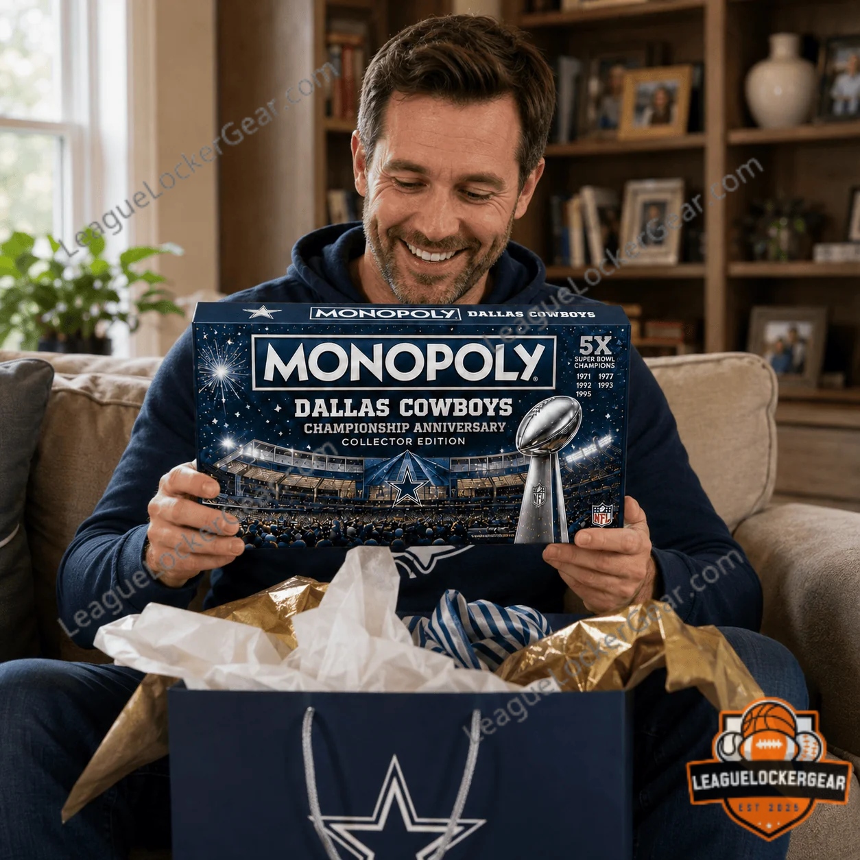 Dallas Cowboys Championship Anniversary Monopoly Board Game - close-up of game box and 'How 'Bout Them