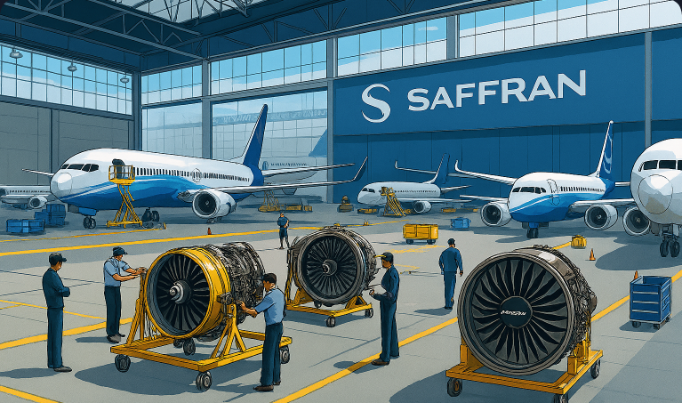 Aircraft engines being serviced inside Safran’s MRO hangar in Hyderabad, India.