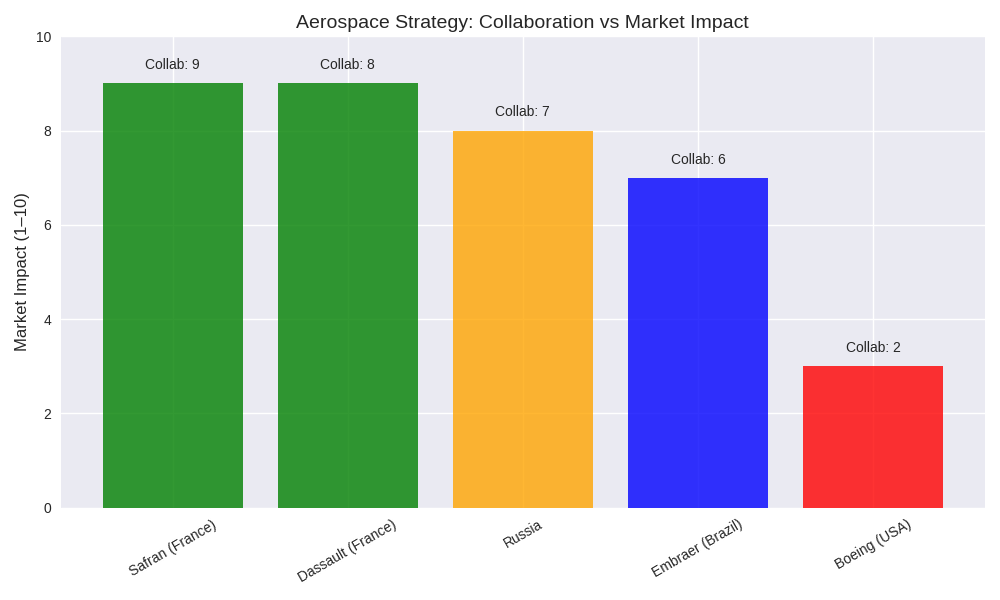 Infographic comparing collaboration levels of Safran, Dassault, Russia, Embraer, and Boeing.