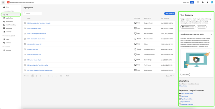 Adobe Experience Platform Tags property interface showing rules, extensions and data elements