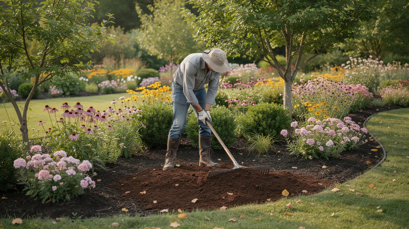 A gardener is spreading mulch around shrubs in a vibrant mixed garden bed, surrounded by trees and perennials, contributing to a healthy ecosystem that can help mitigate climate change impacts. This nurturing activity supports plant growth while addressing the environmental challenges posed by human activities and global greenhouse gas emissions.