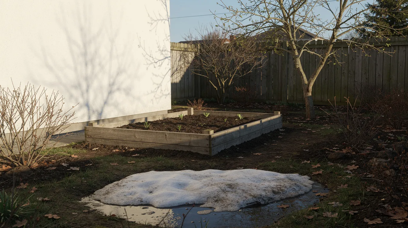 The image depicts a small backyard garden featuring a sunny wall and a shaded corner, with a raised bed full of plants and a patch of lingering snow in a low spot, illustrating the effects of climate variability on local ecosystems. This scene highlights the importance of sustainable practices in gardening to mitigate climate change impacts.