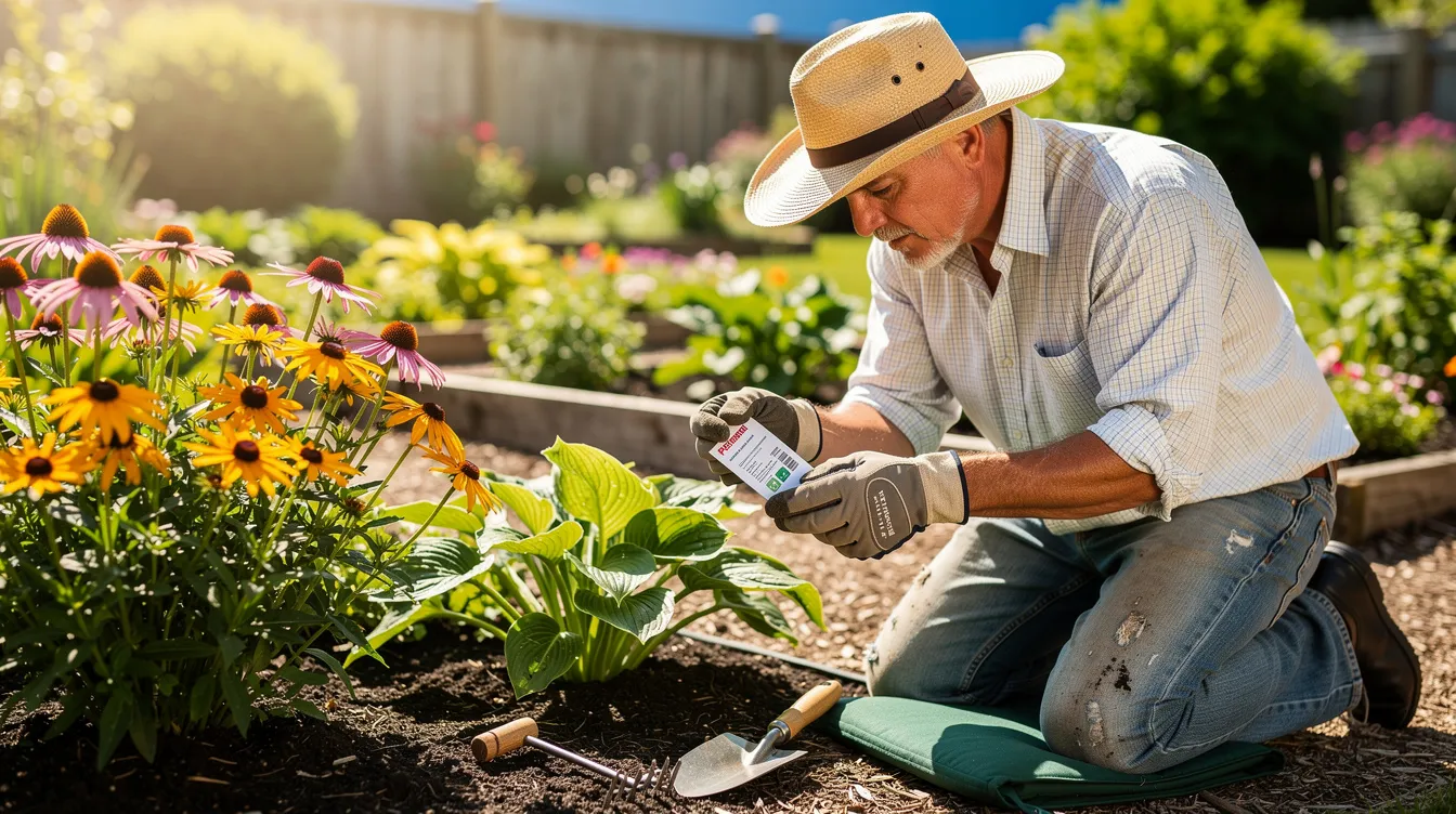A gardener is kneeling beside vibrant outdoor perennial plants in a sunny garden bed, carefully reading a plant tag. The scene captures the essence of nurturing natural ecosystems and highlights the importance of sustainable gardening practices in the face of climate change and global warming.