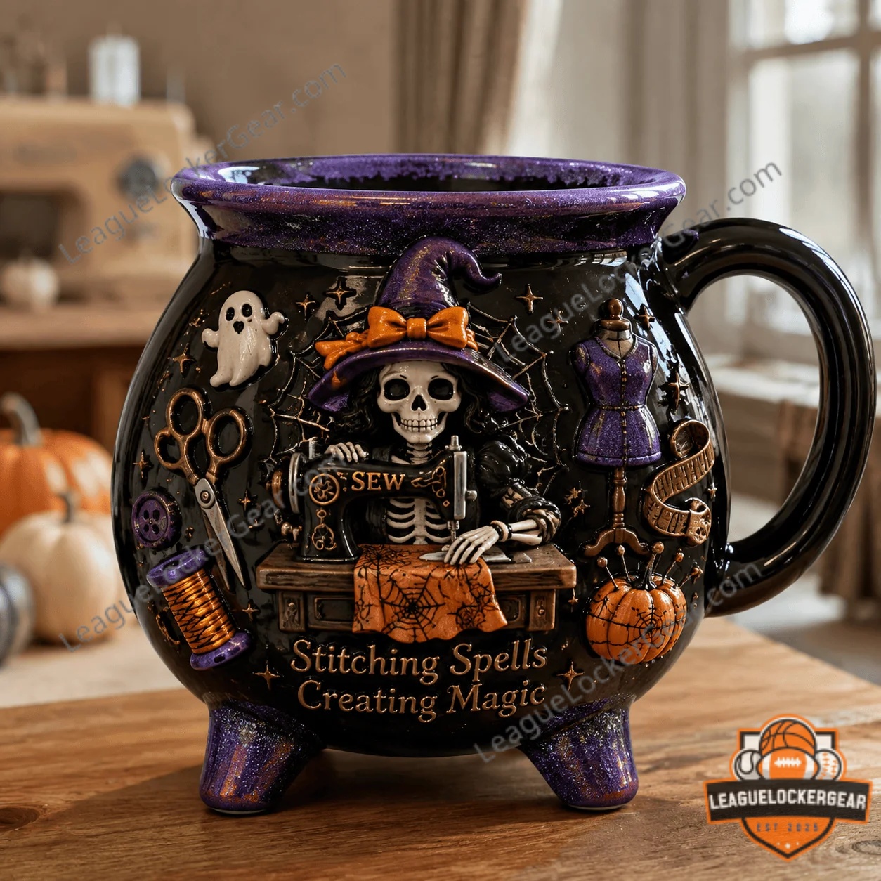 Halloween Witch Skeleton Sewing Spells Creating Magic Cauldron Mug - full view