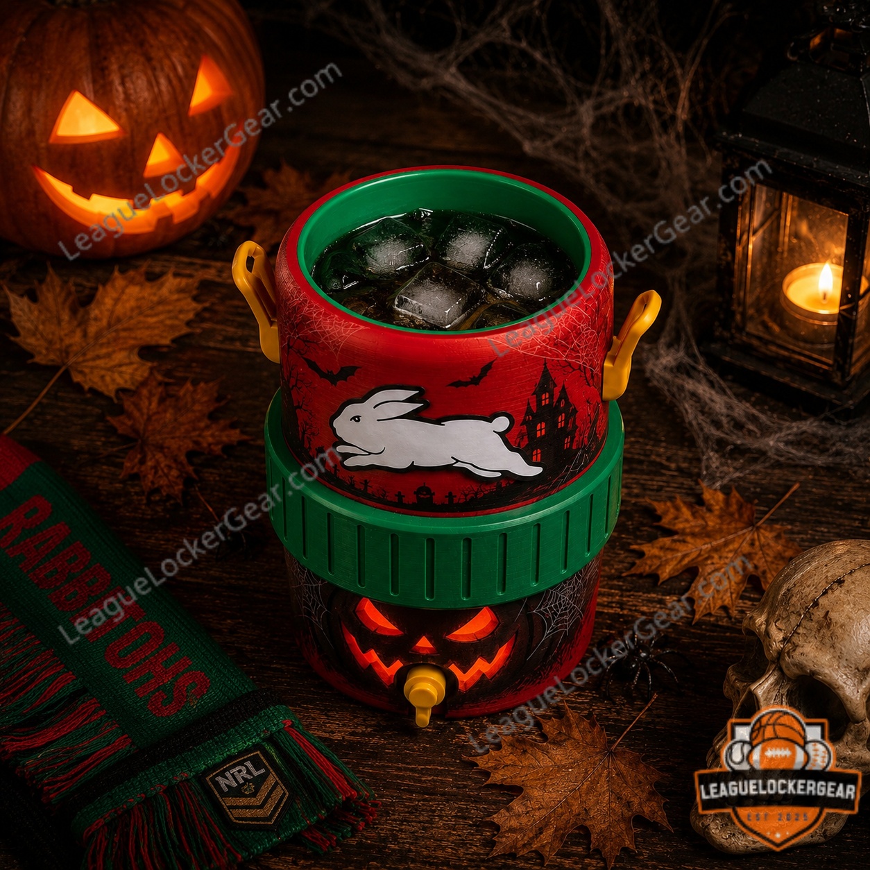 South Sydney Rabbitohs Halloween Spooky Mini Can Cooler - close-up of top tier left side