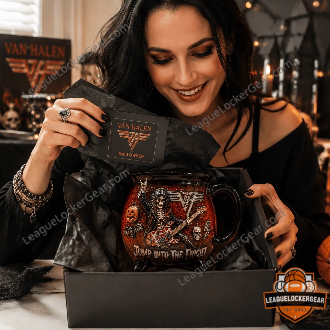 Van Halen Jump Into The Fright Halloween Witch Cauldron Mug - close-up of skeleton and pumpkin