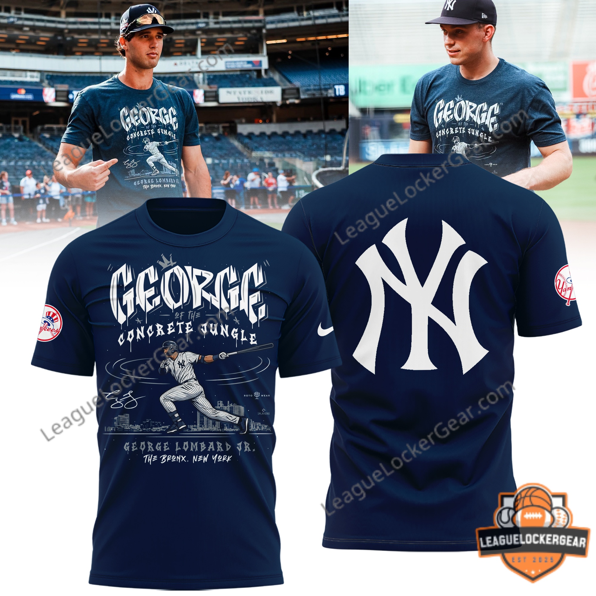 New York Yankees George Of The Concrete Jungle George Lombard Jr. T-Shirt - model wearing blue shirt
