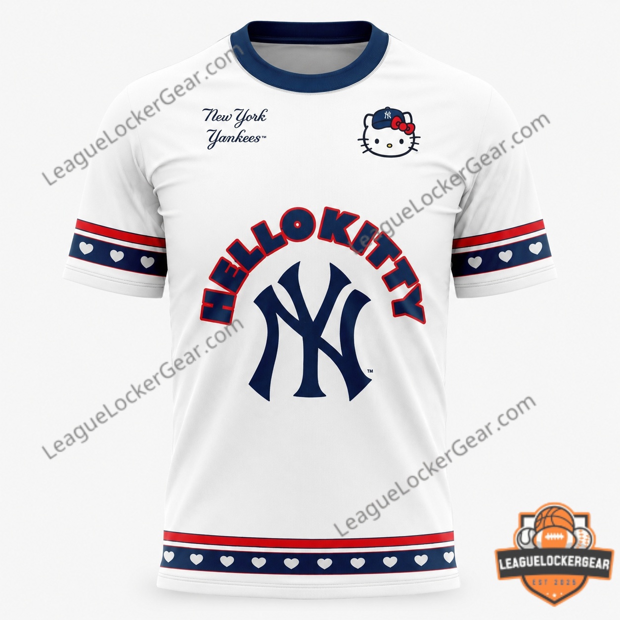 New York Yankees Hello Kitty Baseball T-Shirt - close-up of front design showing logos