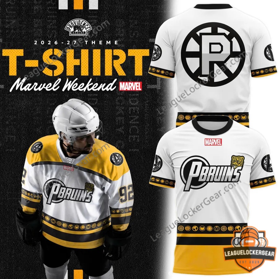 Providence Bruins 2026-27 Marvel Weekend Special Edition T-Shirt - composite view with player and mockups