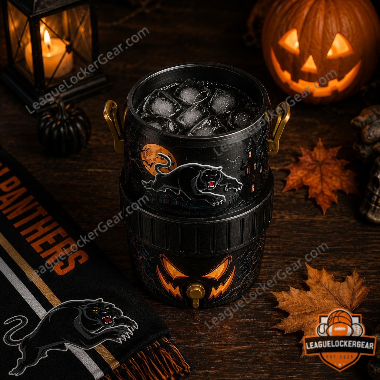Penrith Panthers Halloween Personalized Mini Can Cooler - close-up of panther logo and moon