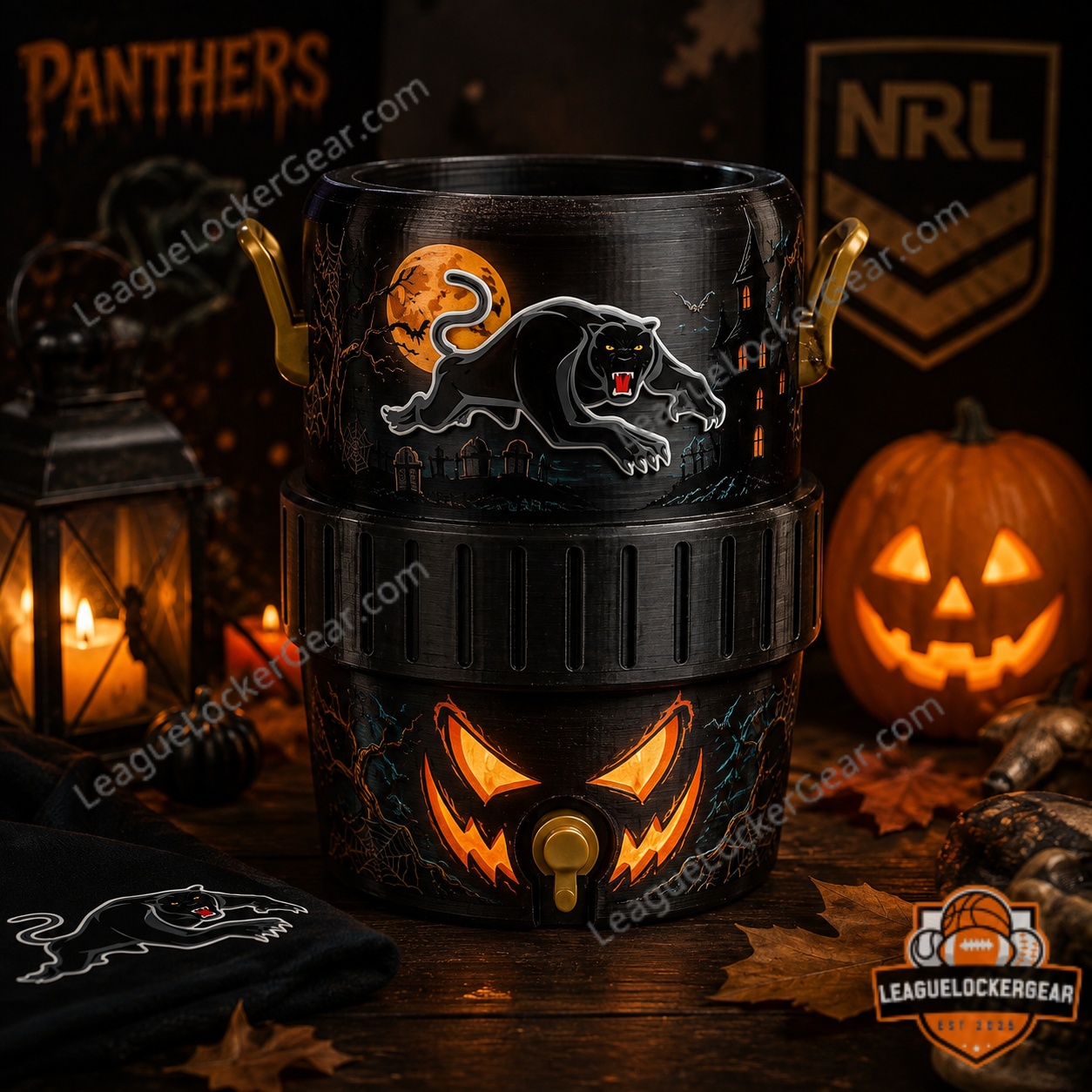Penrith Panthers Halloween Personalized Mini Can Cooler - full view with festive background
