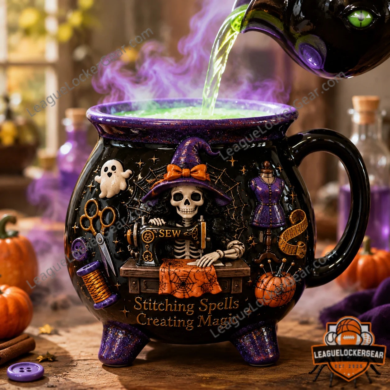 Halloween Witch Skeleton Sewing Spells Creating Magic Cauldron Mug - close-up of skeleton witch and ghost