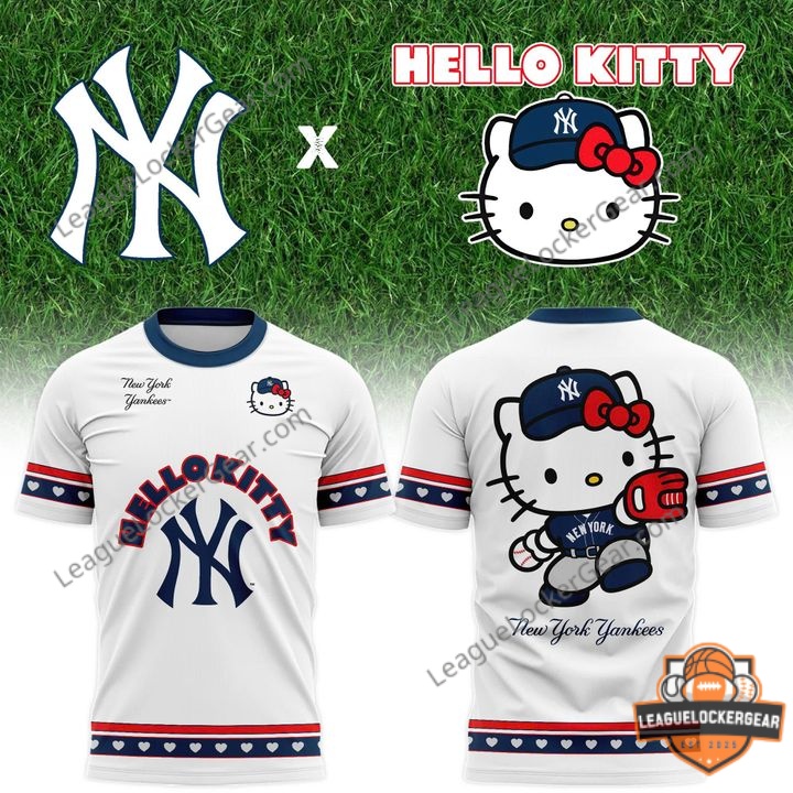 New York Yankees Hello Kitty Baseball T-Shirt - front and back view on grass background