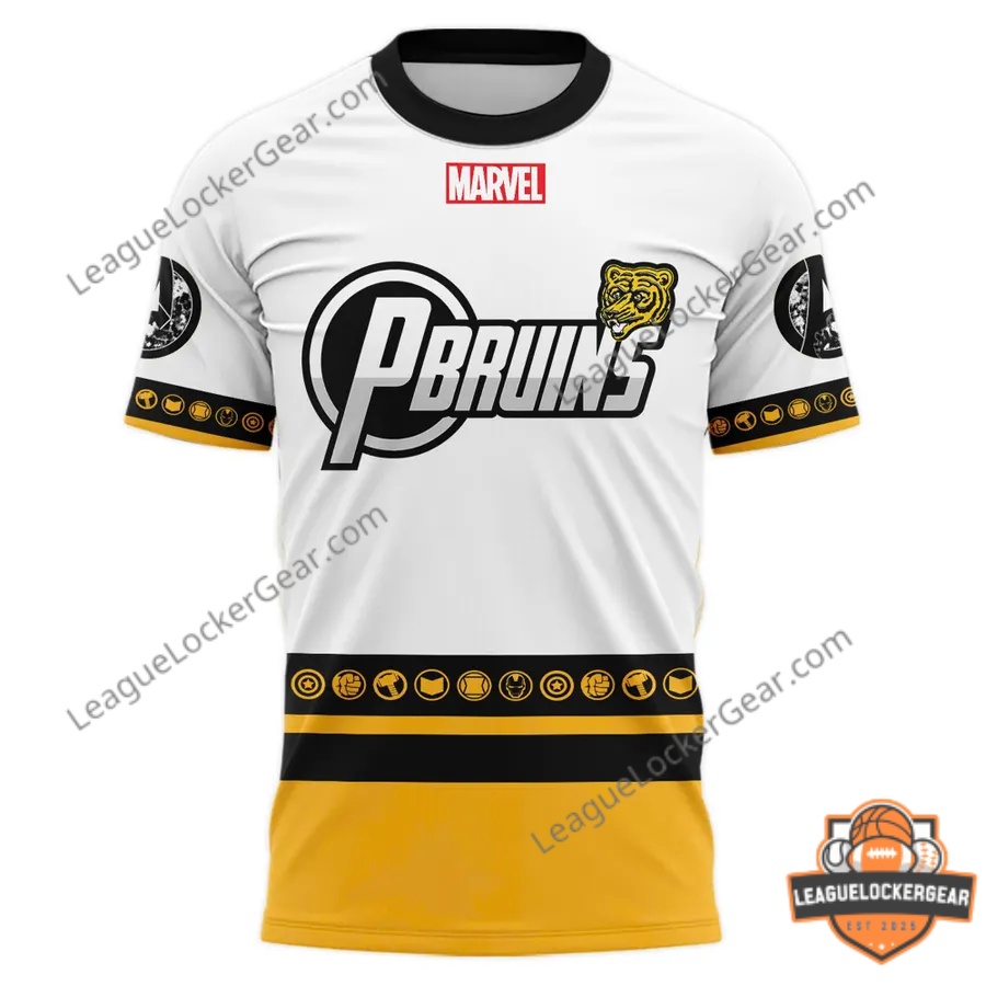 Providence Bruins 2026-27 Marvel Weekend Special Edition T-Shirt - close up of text and player's shoulder