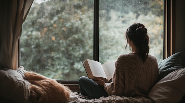 Person reading a book by a rainy window