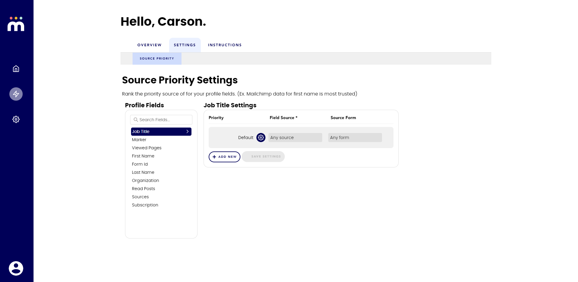 The Settings page in the Integrations section. 