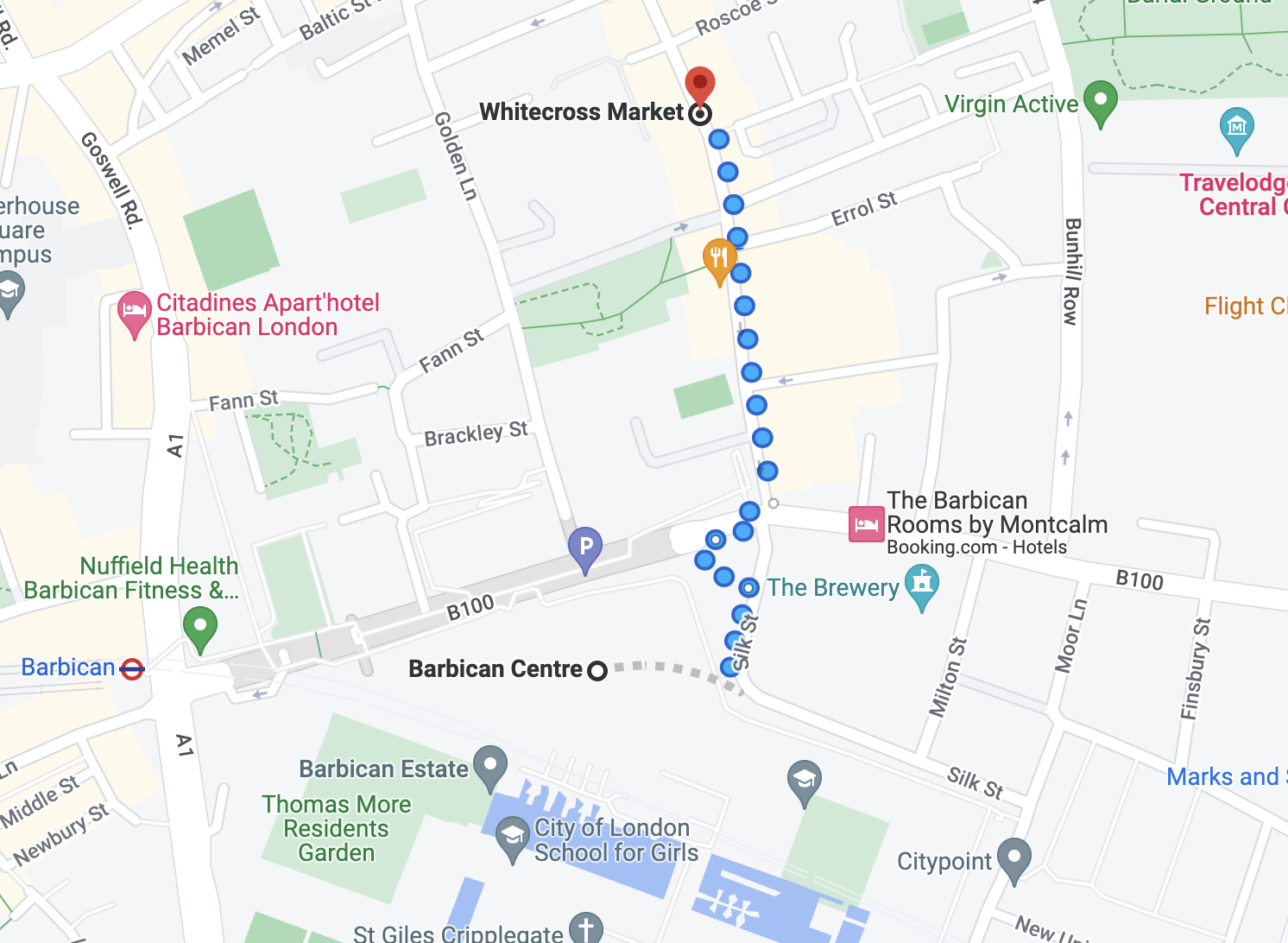 Google maps directions from Barbican Centre to Whitecross Market