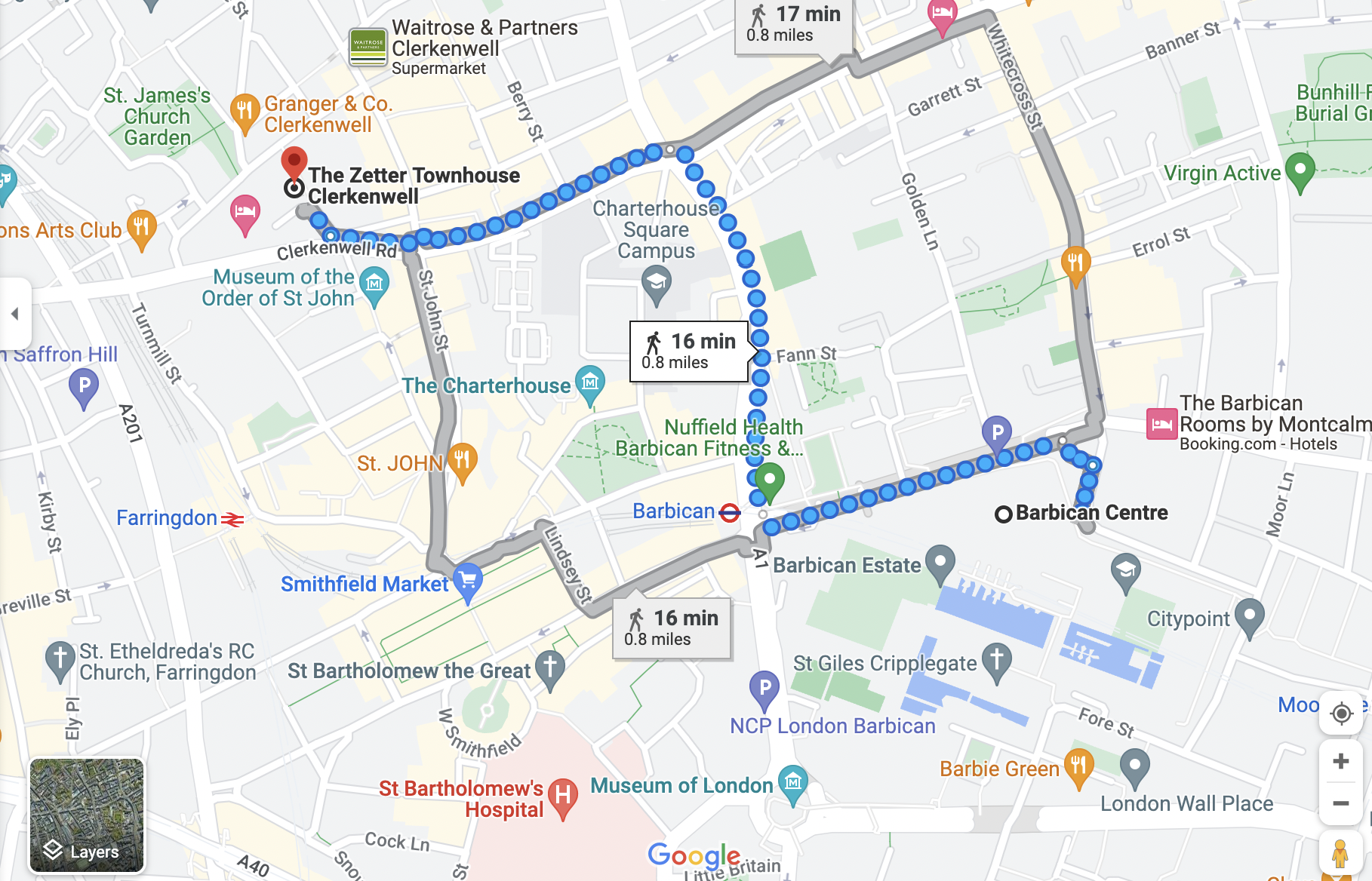 Google maps directions from Barbican Centre to the Zetter Townhouse Hotel