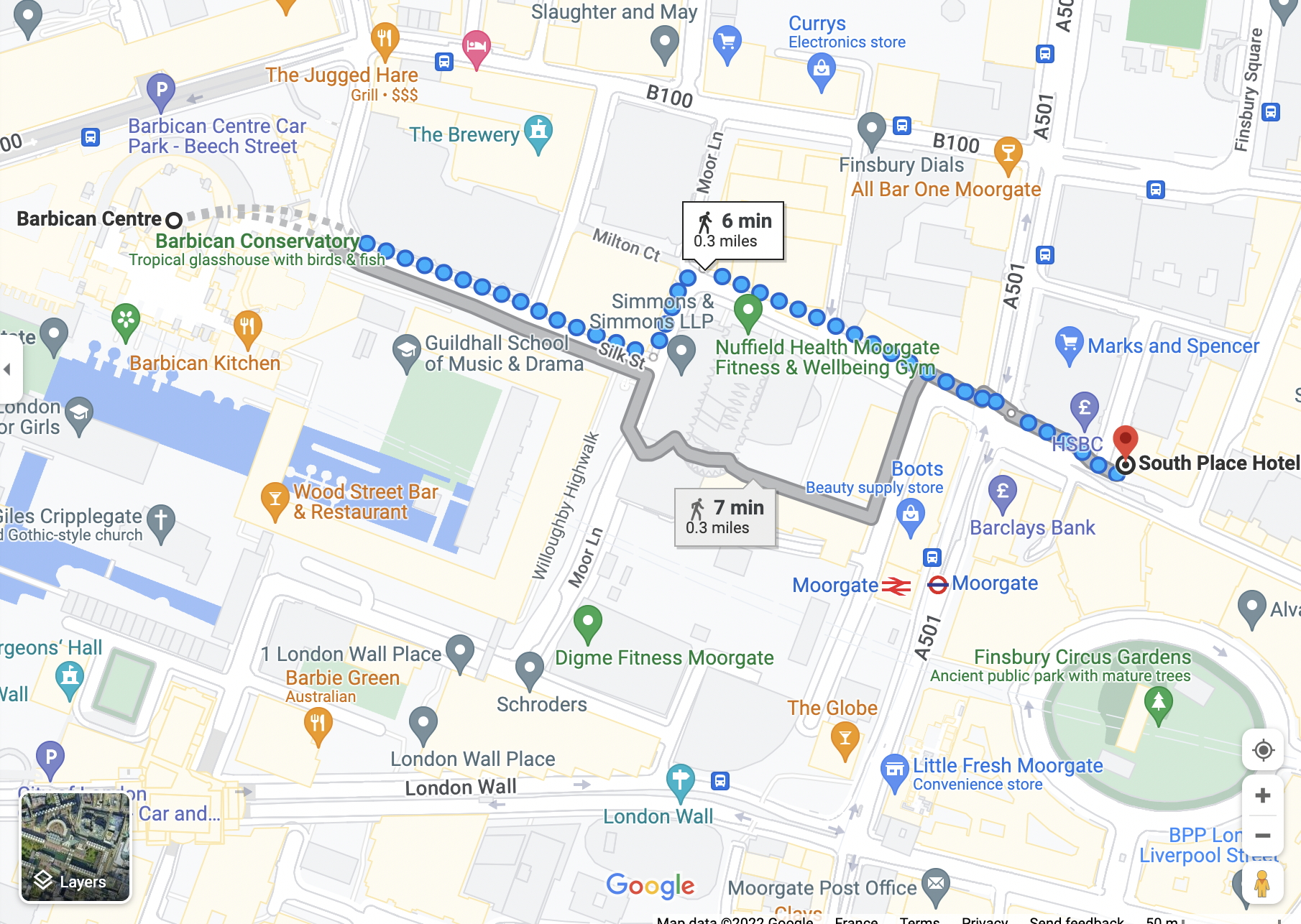 Google maps directions from Barbican Centre to South Place Hotel