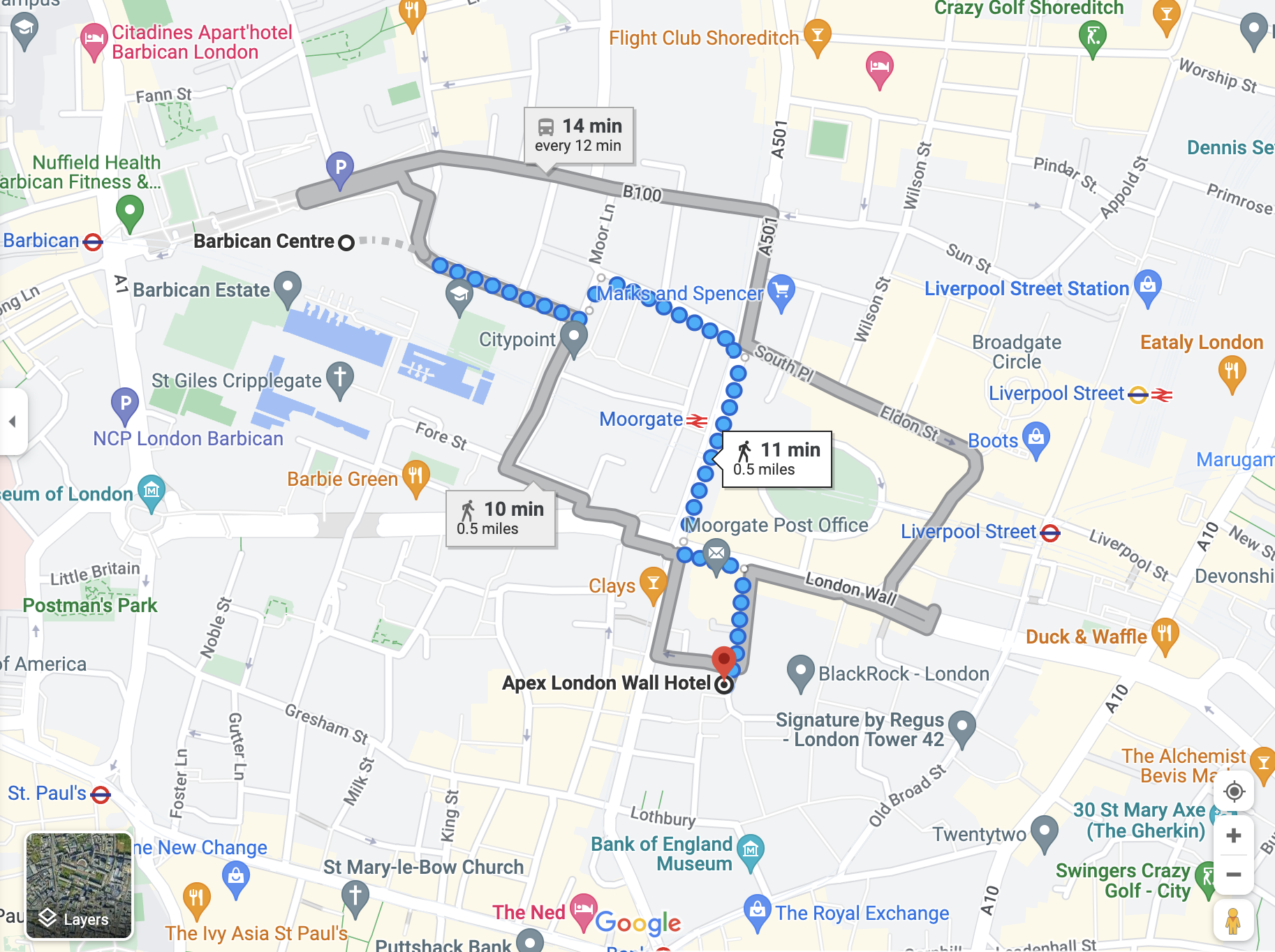 Google maps directions from Barbican Centre to Apex London Wall Hotel
