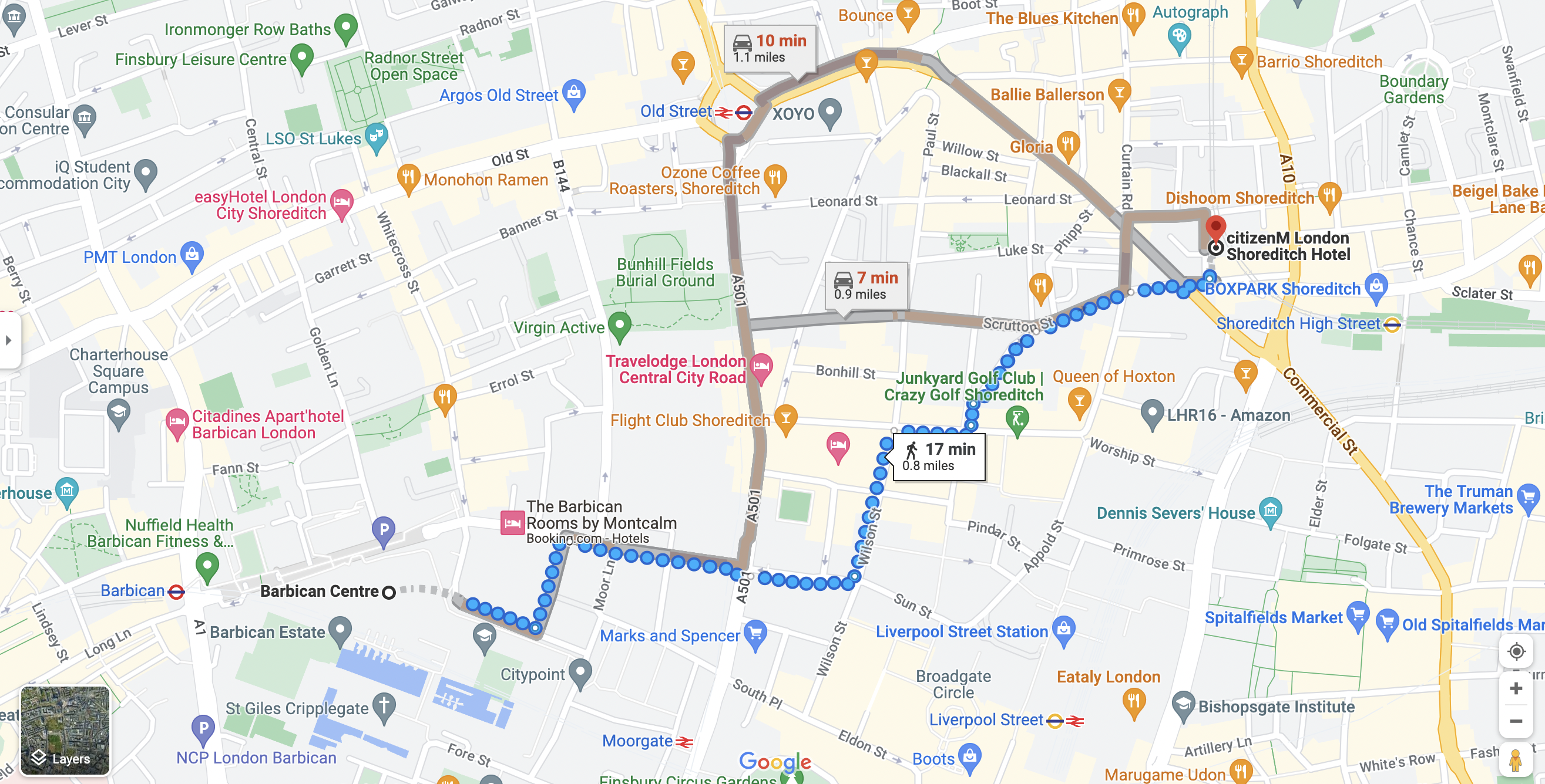 Google maps directions from Barbican Centre to citizenM London Shoreditch Hotel