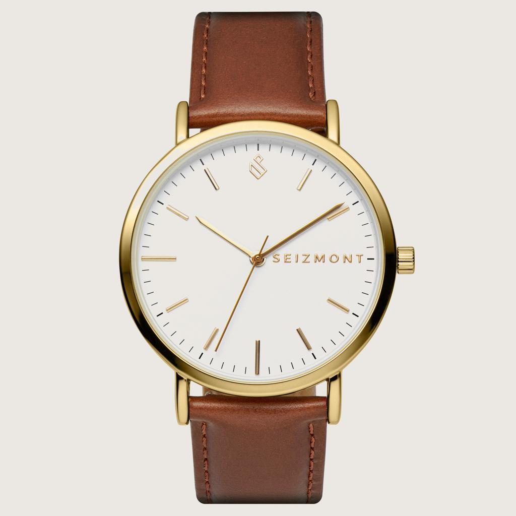 Moment | Gold-Tone Minimalist Dress Analog Quartz Movement Watch With White Dial & Rust Leather Strap | In stock! | Seizmont