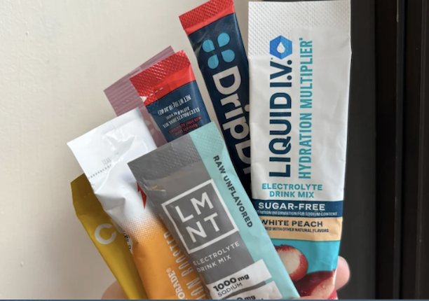 Assorted single-serve electrolyte drink mix packets shown as convenient, portable hydration options.