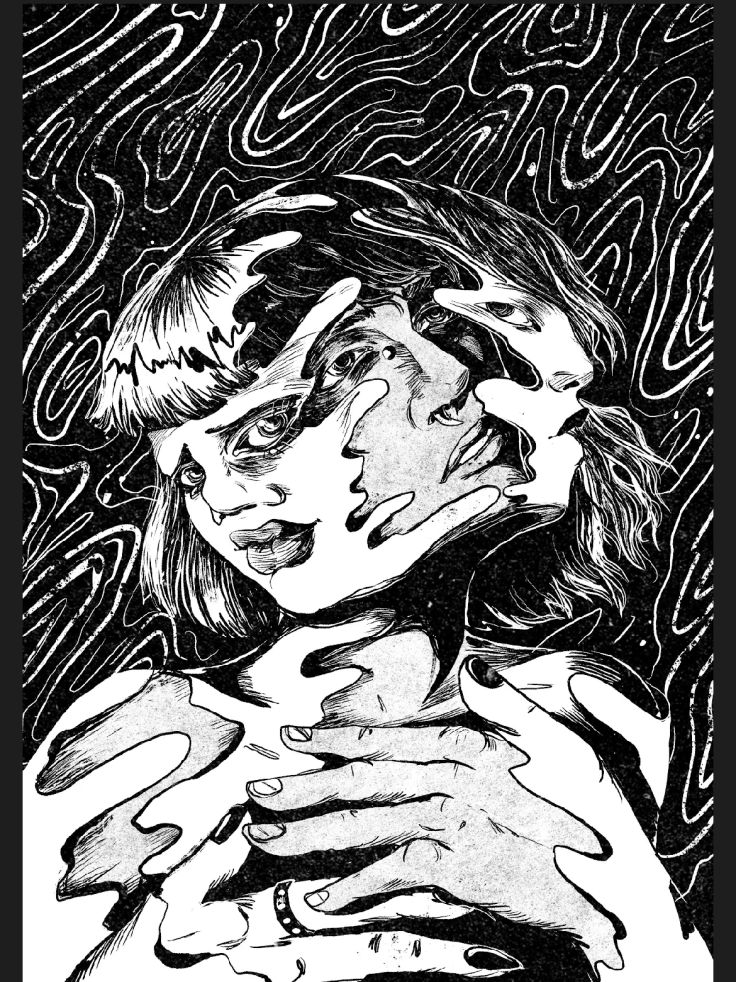 The Shifter illustration by Evangeline Gallagher. It features two human forms, melting together.