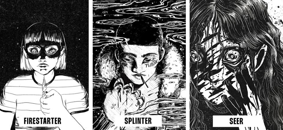 Three B&W punk aesthetic portraits. The Firestarter stares at a lighter’s flame. The Splinter, bruised, glares at their bloodied brass knuckles. A closeup on The Seer’s bloodstained face, eyes wide with a skull in their pupil.