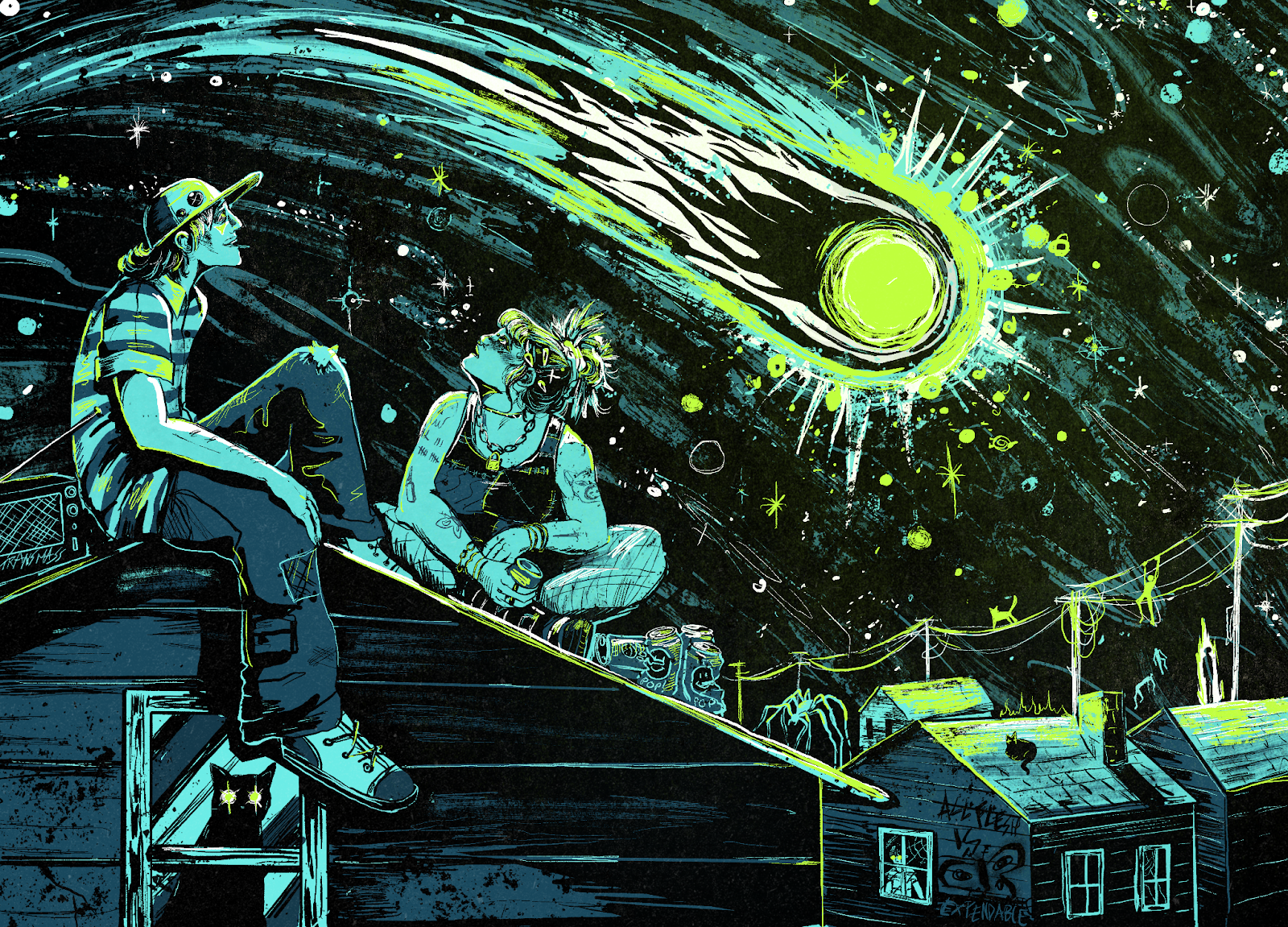 Under the blue-yellow light of a comet, two young people on a suburban home’s roof look up at the star-swirled sky.