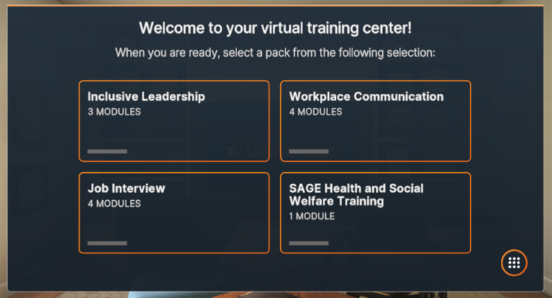 Screen capture of the Bodyswaps app - the virtual training centre displaying four training packs with modules and an 9 dots icon in the bottom right corner.